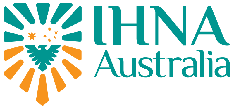 Logo of ihna australia featuring a stylized sunburst in teal and orange with three stars above the text "ihna australia" in teal and orange fonts.