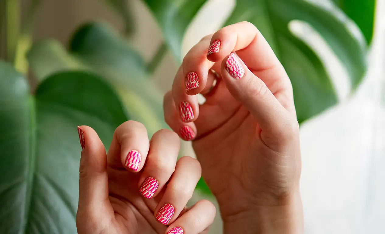 Two hands with pink and white patterned nail art are held up in front of large green leaves.
