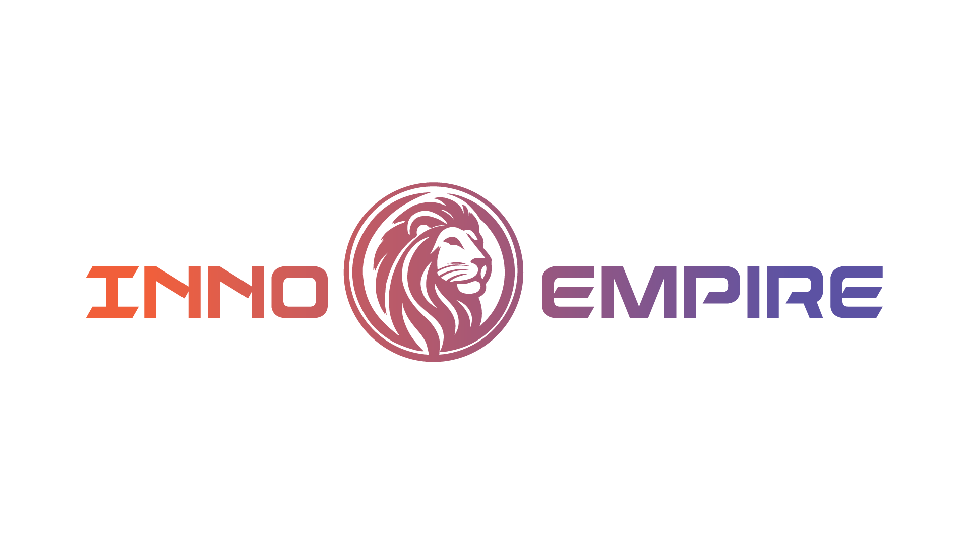 Logo with the text "INNO EMPIRE" in red and purple gradient, separated by a circular lion head graphic in the center.